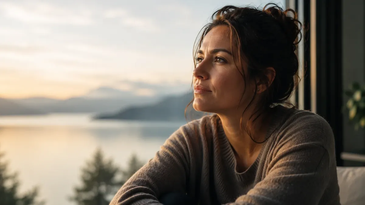 A person looking out over a calm lake at sunset